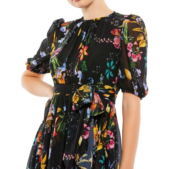 Ieena Mac Duggal 55625 Black Multi Floral Print Chiffon Dress 8 NWT Cottagecore - Picture 3 of 6